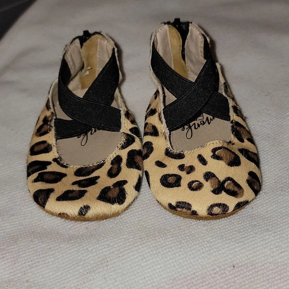 MONKEY FEET Cheetah Print Soft Bottom Leather Ballerina Moccasins Size 6-12 mths
